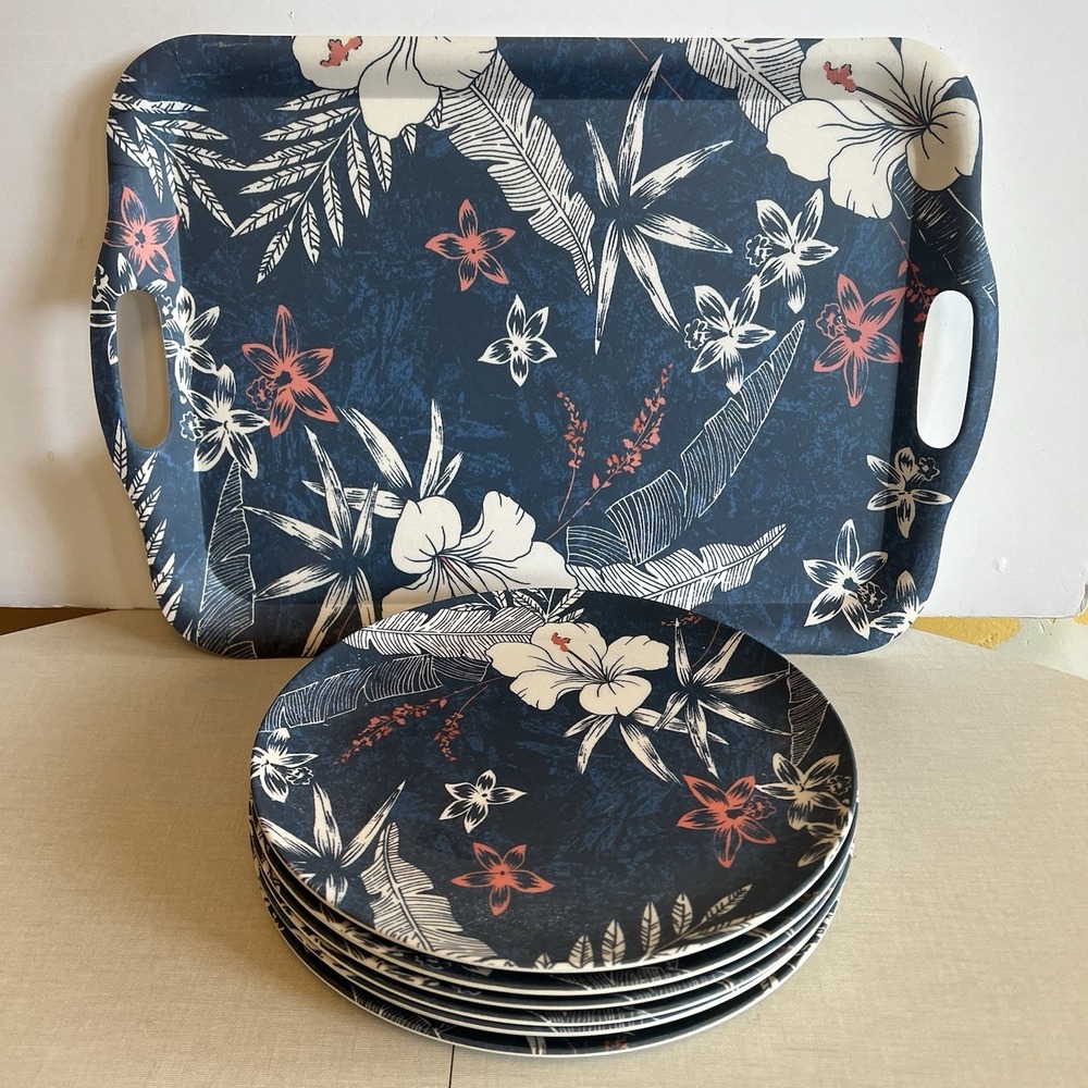 Tropical Hibiscus Tiki  Blue Melamine Tray  + 7 Dinner Plates Caribbean Joe